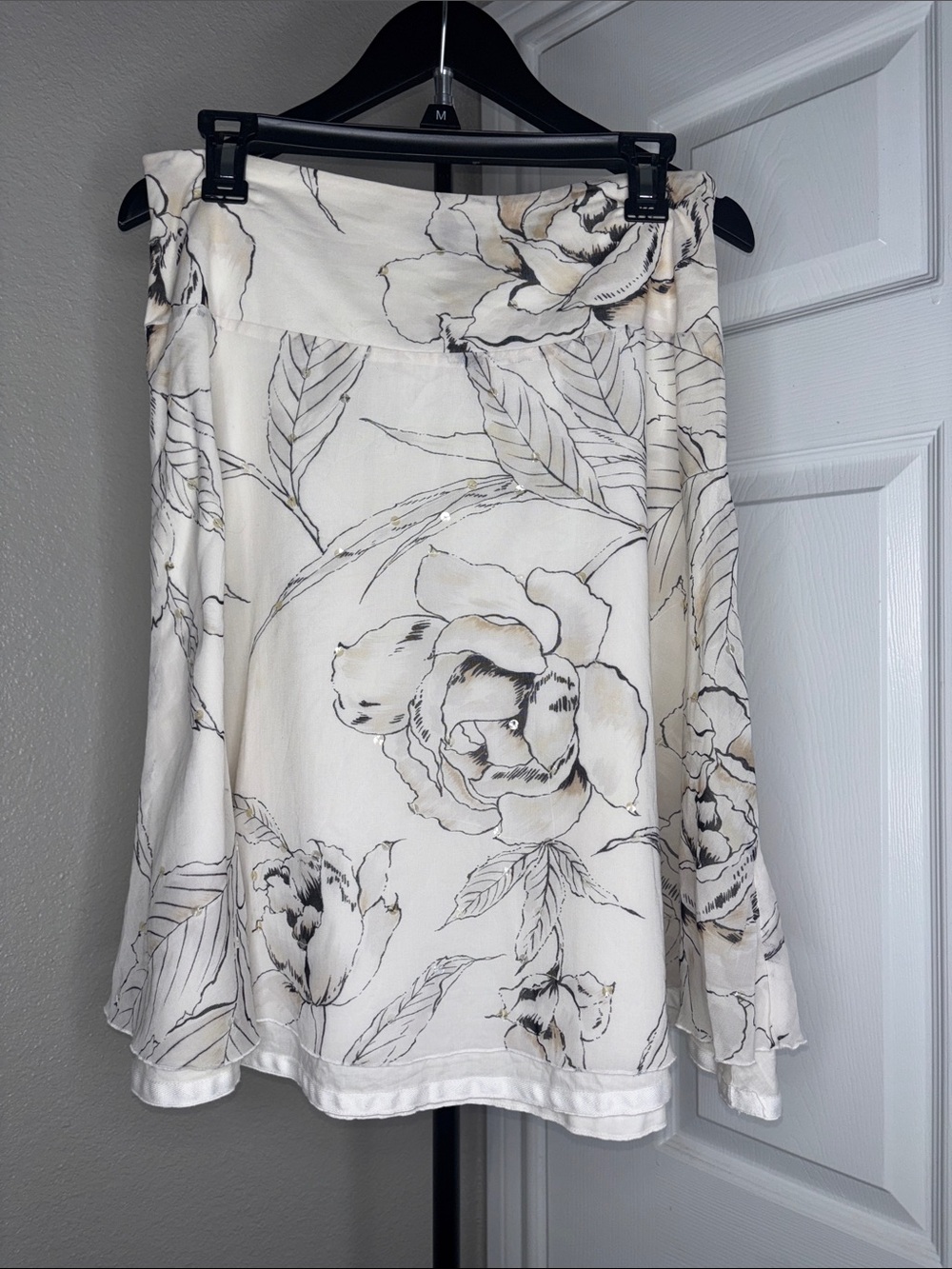 The Limited Cream A-Line Skirt with Black Floral Sketch